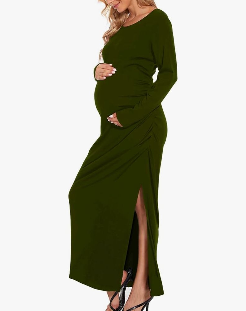 Long sleeve, army green, ankle length maternity dress. 