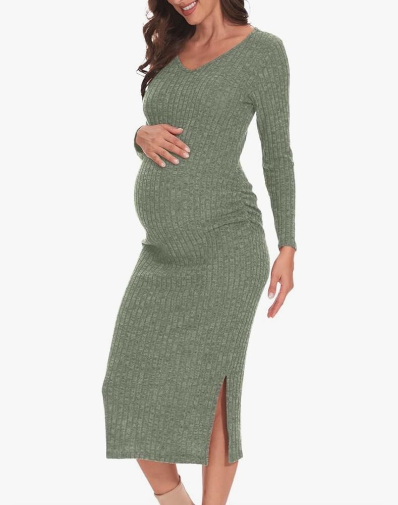 Long sleeve, pale olive green, shin length maternity dress. 