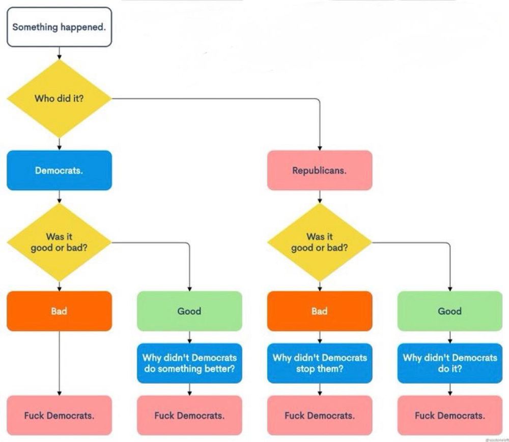 A flow chart where no matter whether what was done was good or bad, or was done by Democrats or Republicans, the ultimate box is labeled “Fuck Democrats.”