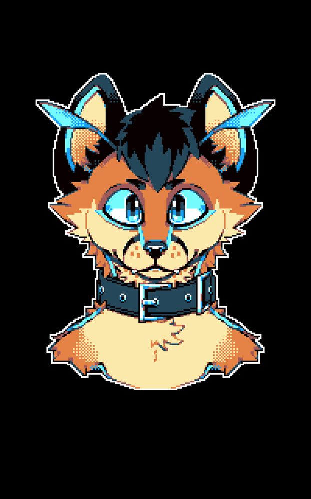 An orange fox fursona with two large bug-like antenna protruding from the forehead and a thick black collar 