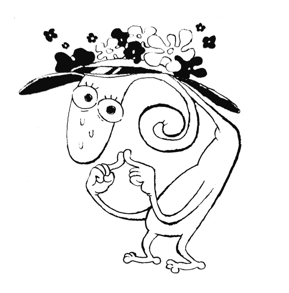 Ink doodles of shnoozy looking anxious while pressing their fingers together, wearing a hat scattered with flowers 
