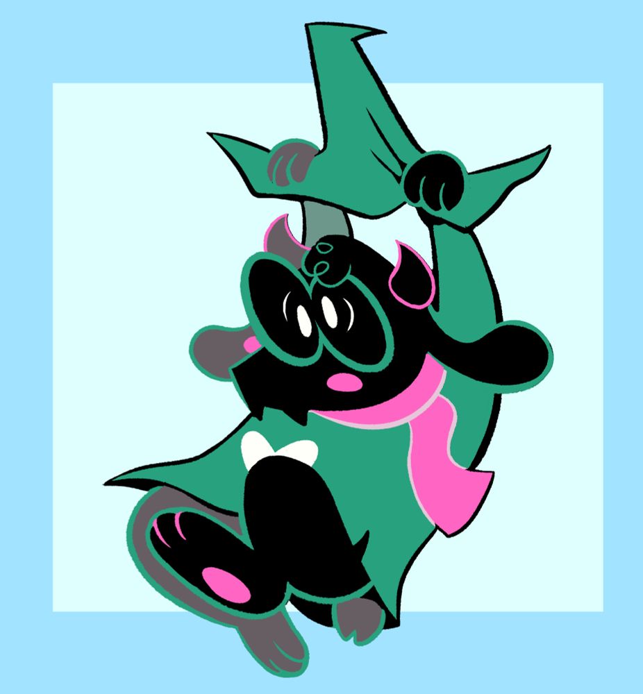 Digital art of Ralsei from Deltarune Ch1, dangling from his hat as he's holding on