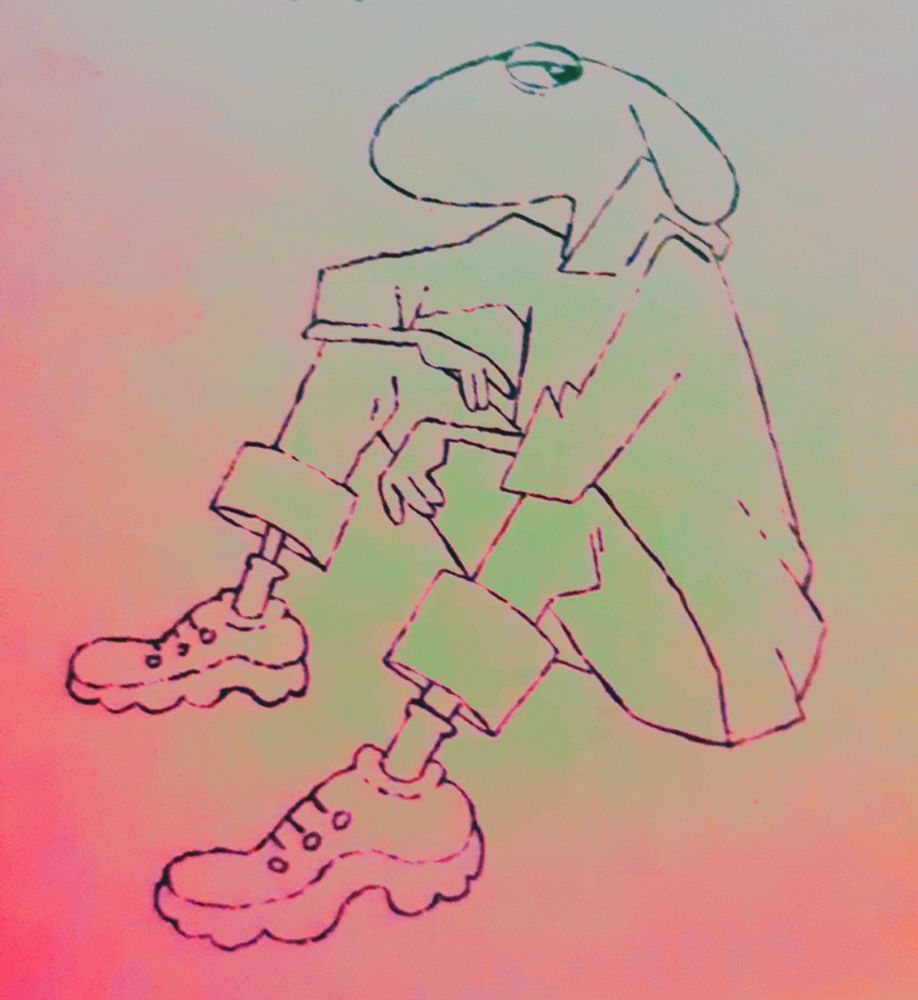 Ink doodle of Shnoozy sitting and wearing some cool casual clothes and big bumpy shoes