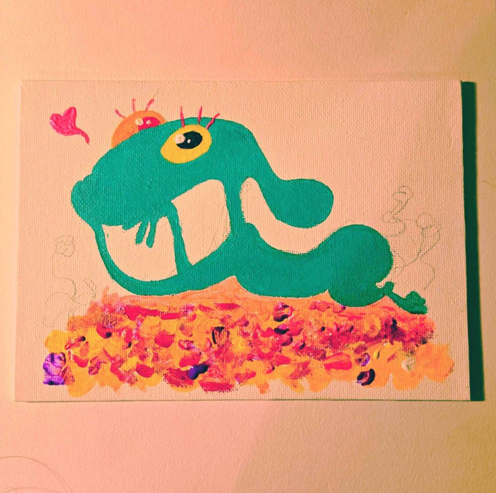 A physical acrylic painting of Shnoozy resting on a bed of flowers