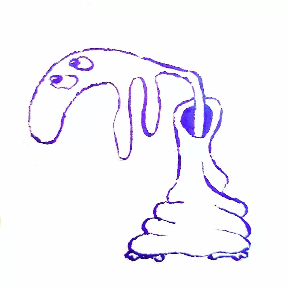 Ink doodle of shnoozy standing crooked and almost melted-looking