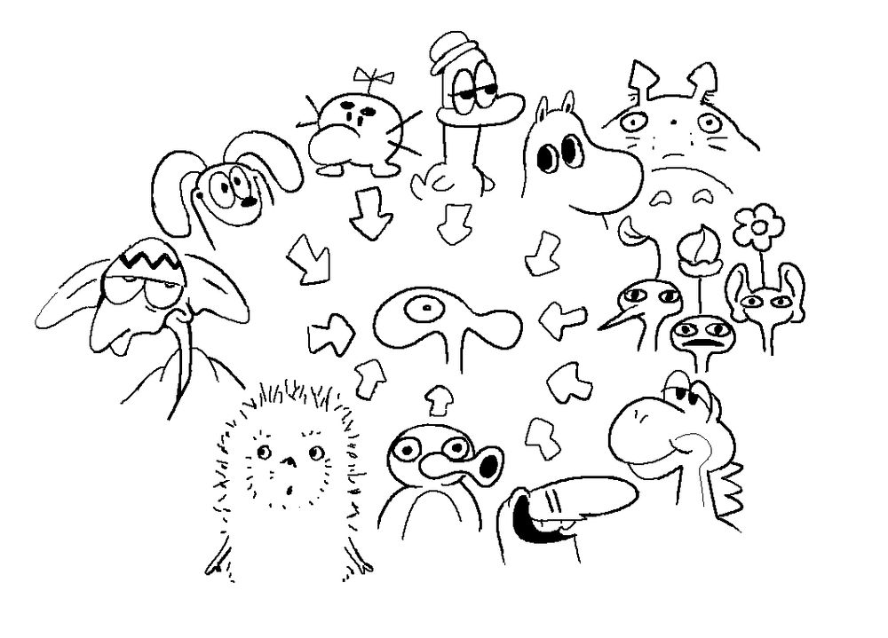 Doodle of a bunch of different characters circling around Shnoozy, all of whom have influenced Shnoozy's character/design.
Clockwise from the top: Pato, Moomintroll, Totoro, Pikmin, Yoshi, Mr. Coo, Pingu, Hedgehog in the Fog, Thief, Untalkative Bunny, Mr. Saturn