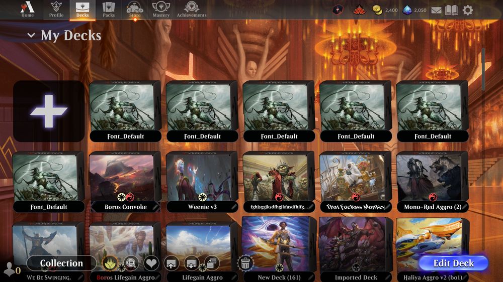 MTG Arena My Decks screen, with a bunch of duplicating copies of a deck seemingly named Font_Default