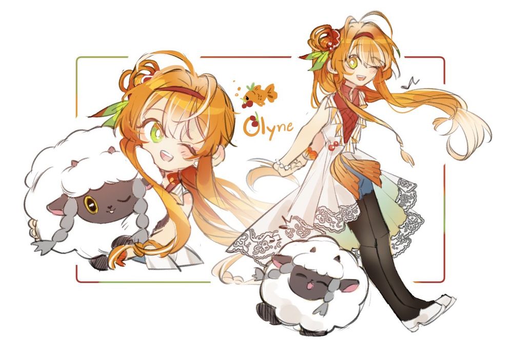 Cute orange hair girls with pokemon fluffy sheep wooloo
