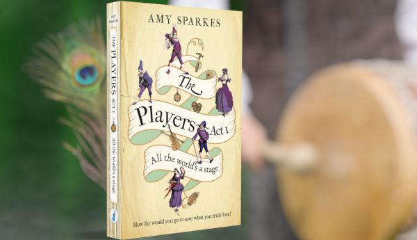Image of a book called "The Players - Act 1 : All the world's a stage" by Amy Sparkes showing the front cover and spine. The front cover has the author's name at the top, then a wide looped ribbon with the title and subtitle written on it. Along the ribbon at different points are characters from the Commedia Del-arte tradition dressed in purple costumes. Also around the ribbon are various items related to the story or characters - a hammer, skull, pocketwatch, comedy/tragedy masks, fiddle, and peacock feather. At the bottom a key line reads "How far would you go to save what you truly love?"
On the spine is the author's name at the top again, and a ribbon runs down with the title and subtitle on, separated by the pocketwatch graphic. At the very base is the Sword and Fiddle logo in blue on a white circle. The background of the spine resembles a loose-bound bundle of papers like a poorly organised script.
In the background of the image, a man beats an archaic drum (to drum-up interest), a bright peacock feather shows behind the book and a green curtain hangs behind all. A small amount of smokey texture is starting to obscure things.