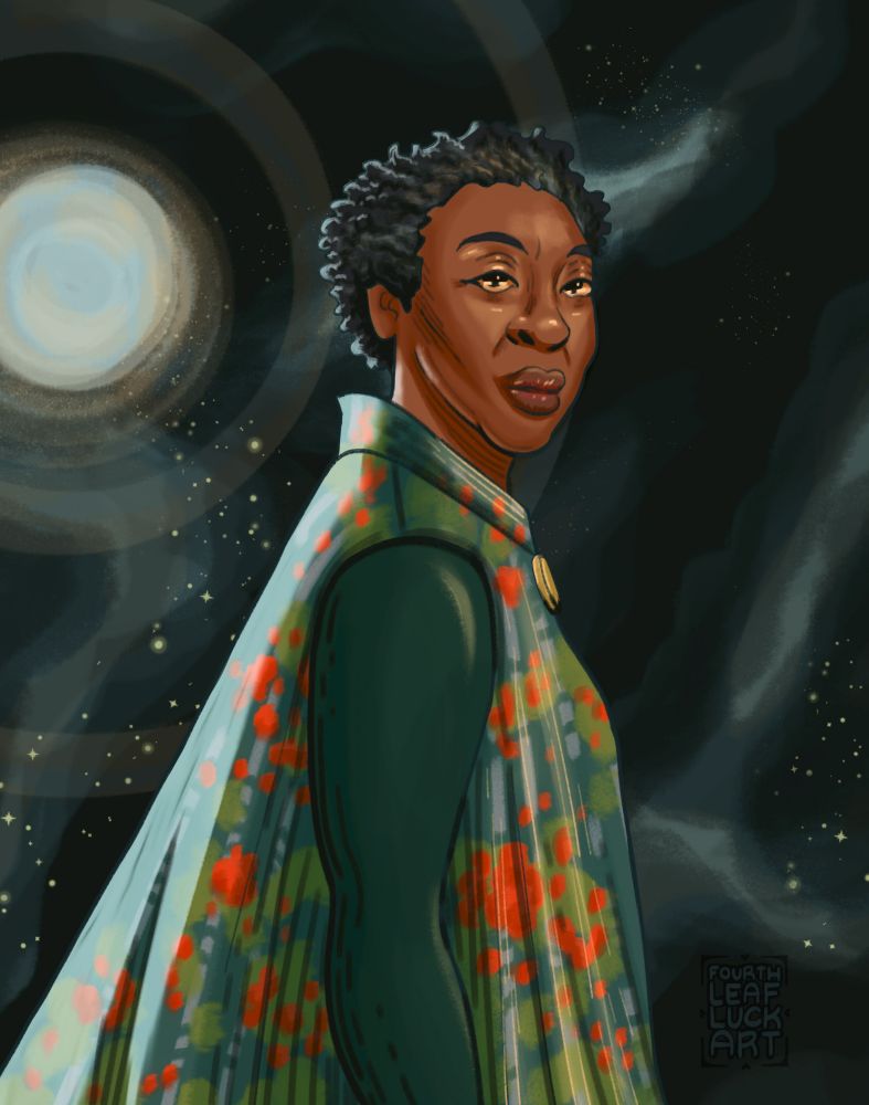 digital art of Dr Mensah from Murderbot. She stands in profile, head turned towards the viewer, an inscrutable expression on her face. An outer space backdrop is behind her