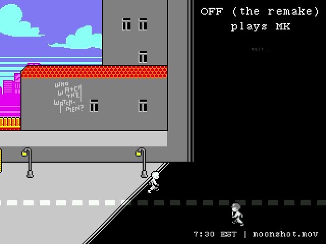 a screenshot from the original version of OFF of the panic in ballville section, where boxxer leaves the brightly colored town to step into the dark. text reads OFF (the remake) plays MK, 7:30 EST | moonshot.mov