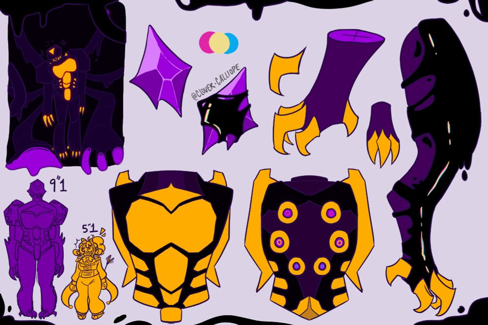 a reference sheet for TetherOnline, a symbiote covered purple crystal slasher Vtuber!