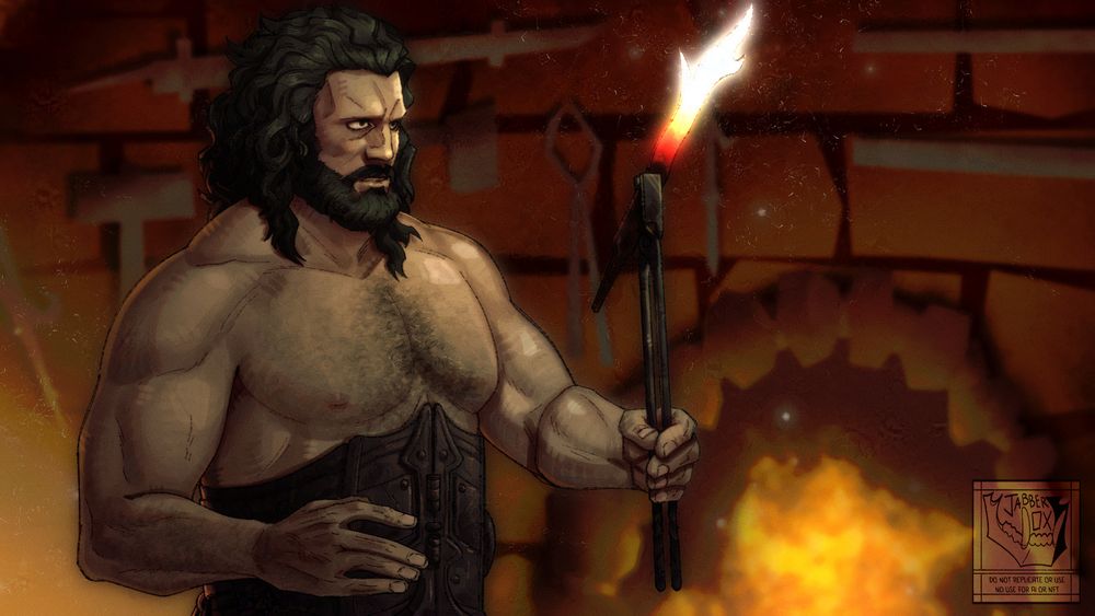 jabberox art of a muscular man holding a hot piece of forged metal in tongs. 
