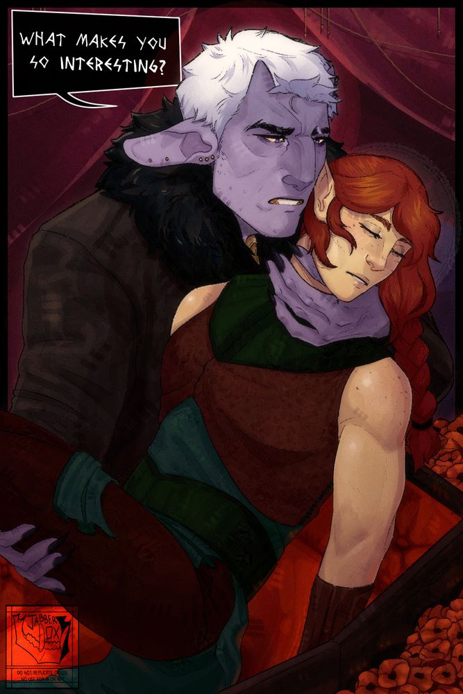 jabberox art of a dungeons and dragons firbolg character holding an unconscious elf woman under the leg and around the throat. He is saying, "What makes you so interesting?"