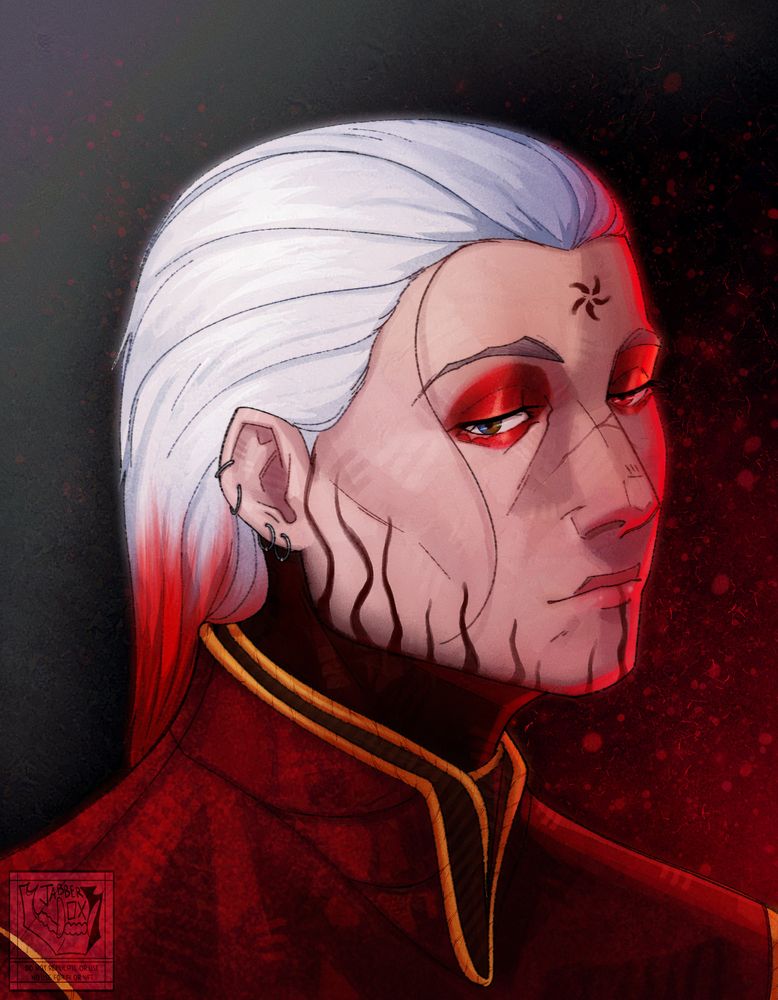 jabberox art of a Balder's Gate player character. She is a woman with white and red hair, red make up and tattoos on her neck and face that look like tendrils. 