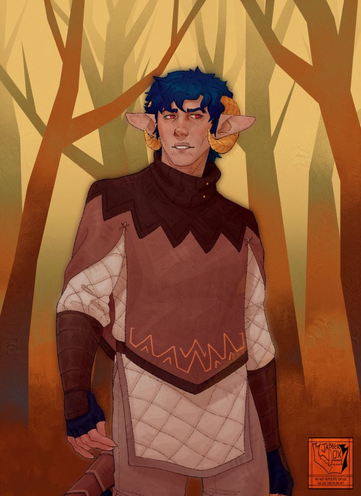 jabberox art of a Dungeons and Dragons tiefling with blue hair, a brown tunic and orange horns standing in an abstract forest background. 
