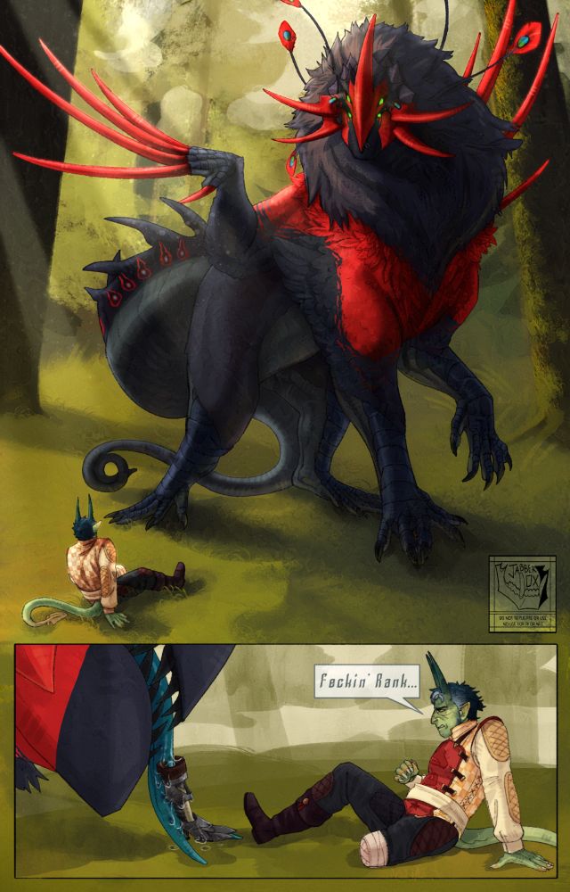 jabberox art of a large red and black feathered dragon with a long black mane and claw wings, as well as a Dungeons and dragon's green tiefling missing his left leg. In the top image, the dragon is standing in a forest with something in it's mouth while the tiefling sits on teh ground staring up at it. In the lower image, the dragon is spitting out a soggy prosthetic leg with the tiefling watches in disgust. The tiefling is saying, implied in a scottish accent, "Feckin' Rank..."
