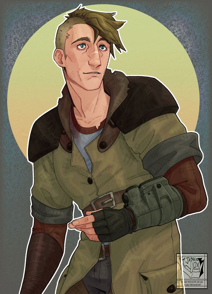 jabberox art of a fallout 3 OC named Buttons standing looking away from the viewer. His arm is up and has a pip-boy on it. Behind him is an abstract background with a yellow and green circle.