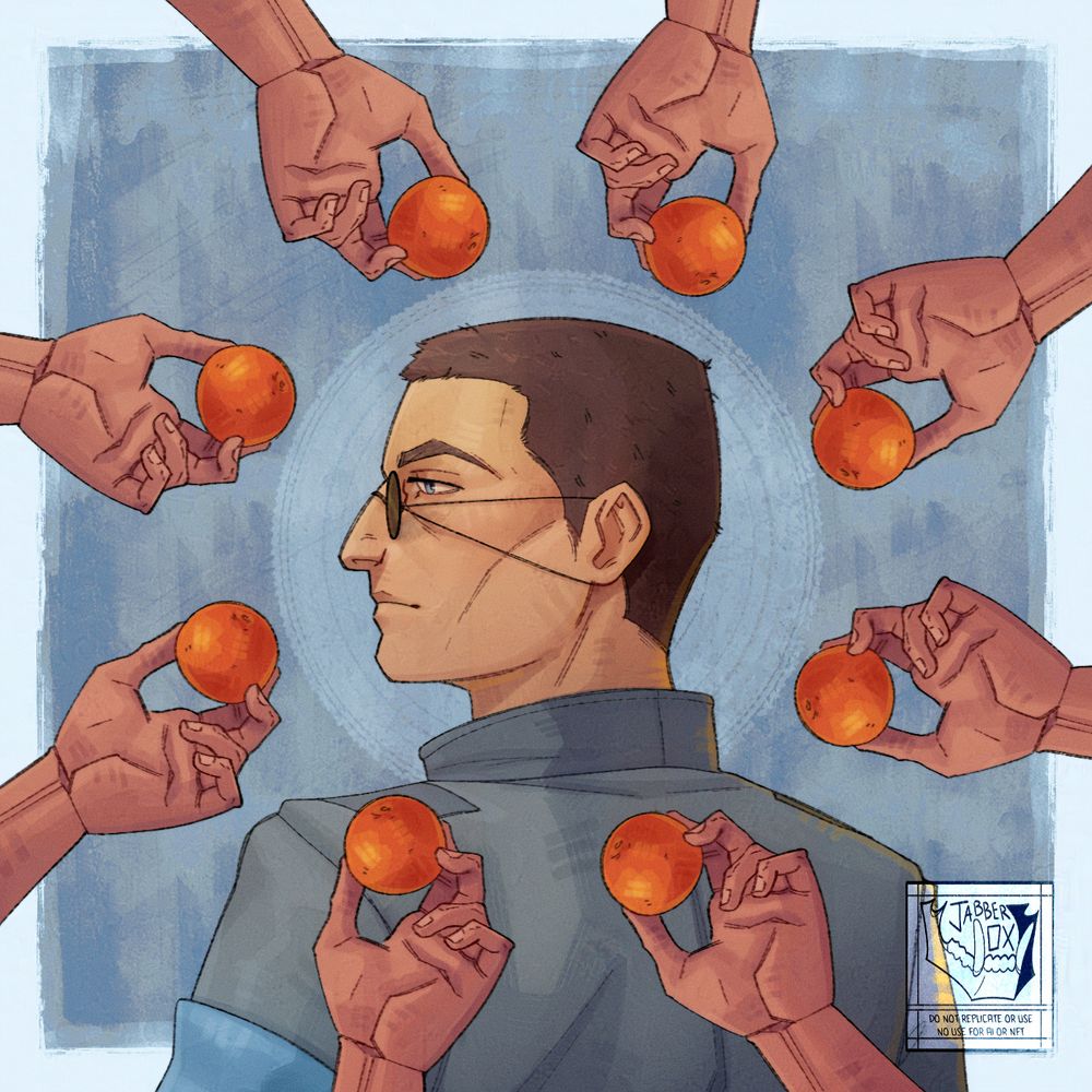 jabberox art of a portrait of a disco Elysium fan character. Surrounding them are eight hands holding oranges. 