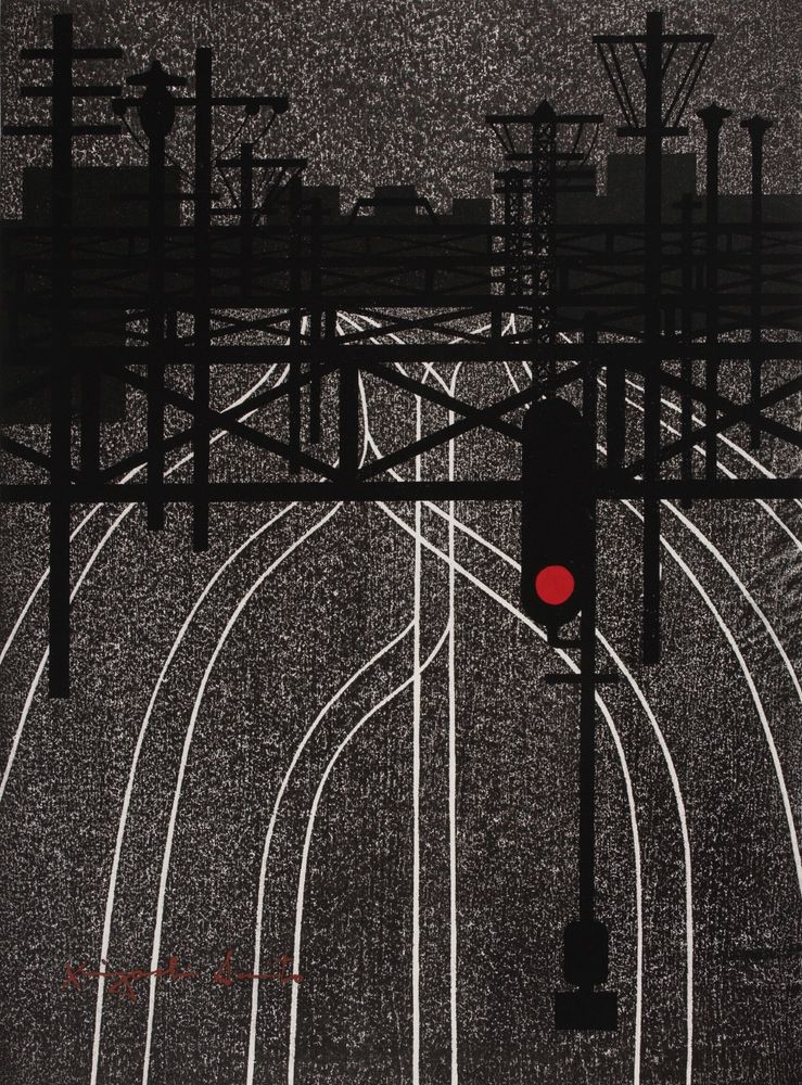 Railway tracks depicted as slim white lines intersect and weave amongst each other across dirty gray earth. In the foreground, a signal light is showing us a steady red. Beyond, overlapping utility poles and industrial gridwork structures screen the shadowy shapes of blocky city buildings. Everything is still: there are no trains on the tracks, no life in the image, no lights in the distant buildings. Above, the sky is dingy and dark.