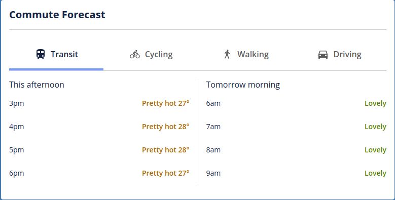 MetService NZ website showing the Commute Forecast panel. Transit tab is displayed showing the temperatures will be "Pretty hot 27° [or 28°]" this afternoon from 3 till 6pm. Tomorrow morning from 6 till 9am, it'll be "Lovely".