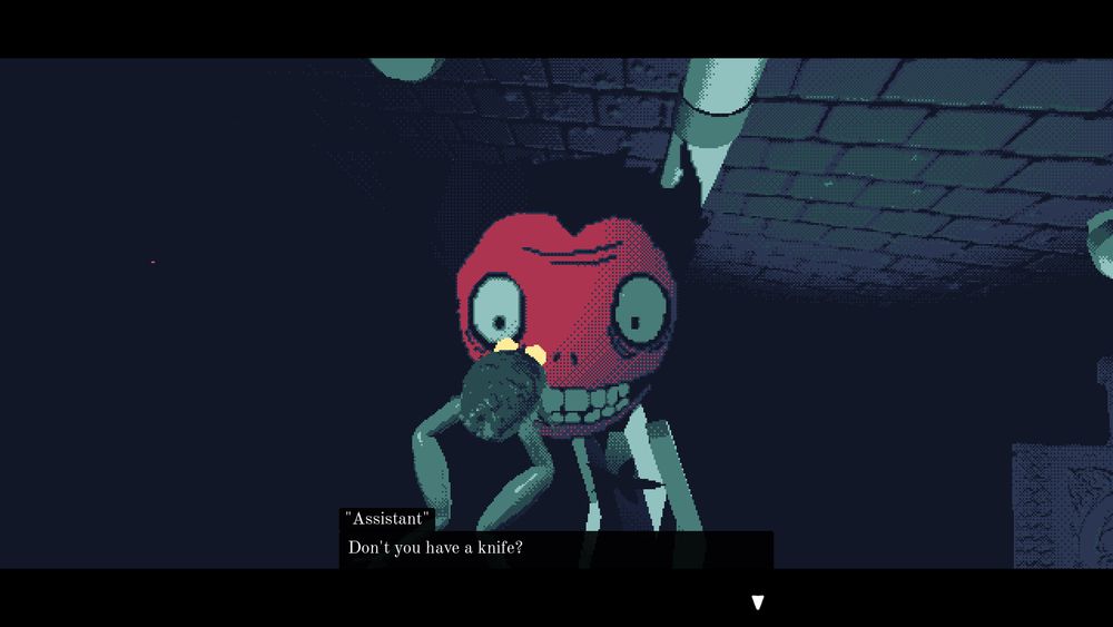 creepy red-faced demon staring at a small green frog in a pixelated dungeon
