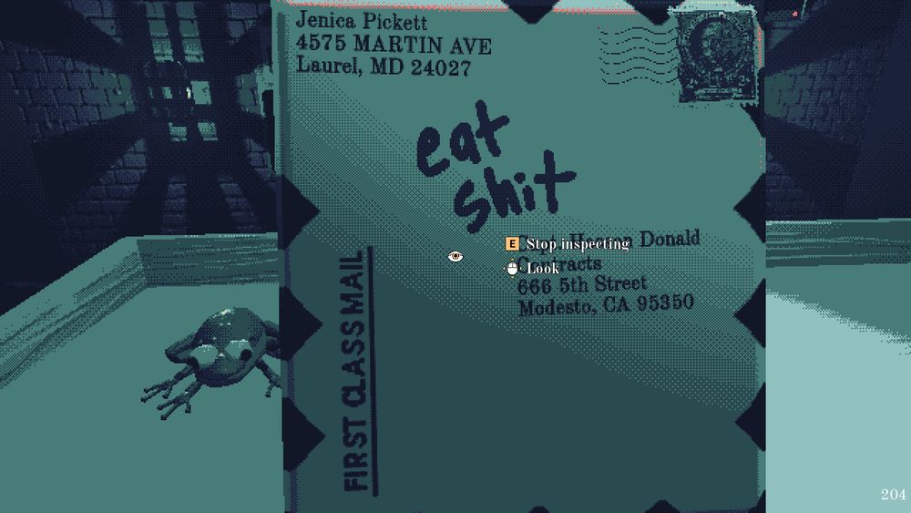 Screenshot of a game where you're working in the mailroom of a regional office of hell in Modesto, CA. The screen shows a piece of mail being examined with the words "eat shit" handwritten across the front and there's a large frog in the background.