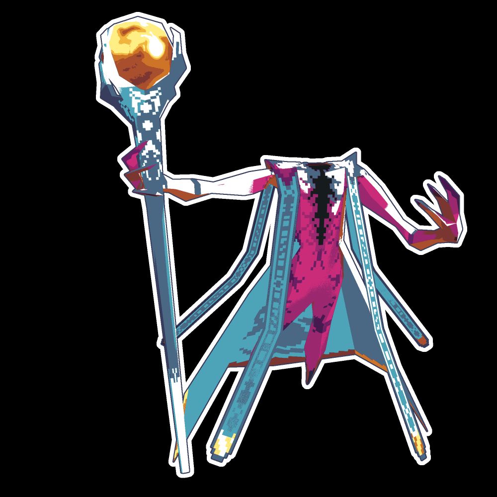 a sorcerer with a beastly appearance, three claws on each hand and a cape protruding from under his scales. In his hand he is holding a long staff containing a golden orb