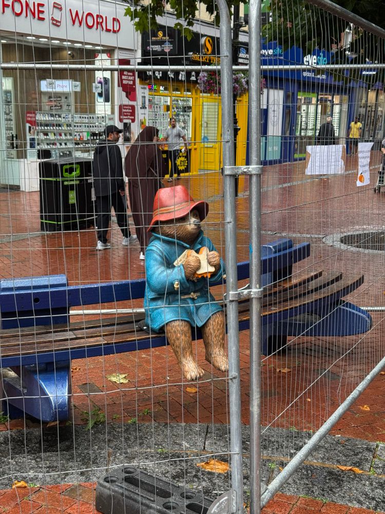 Paddington bear statue on a bench with metal fencing around on Reading high street