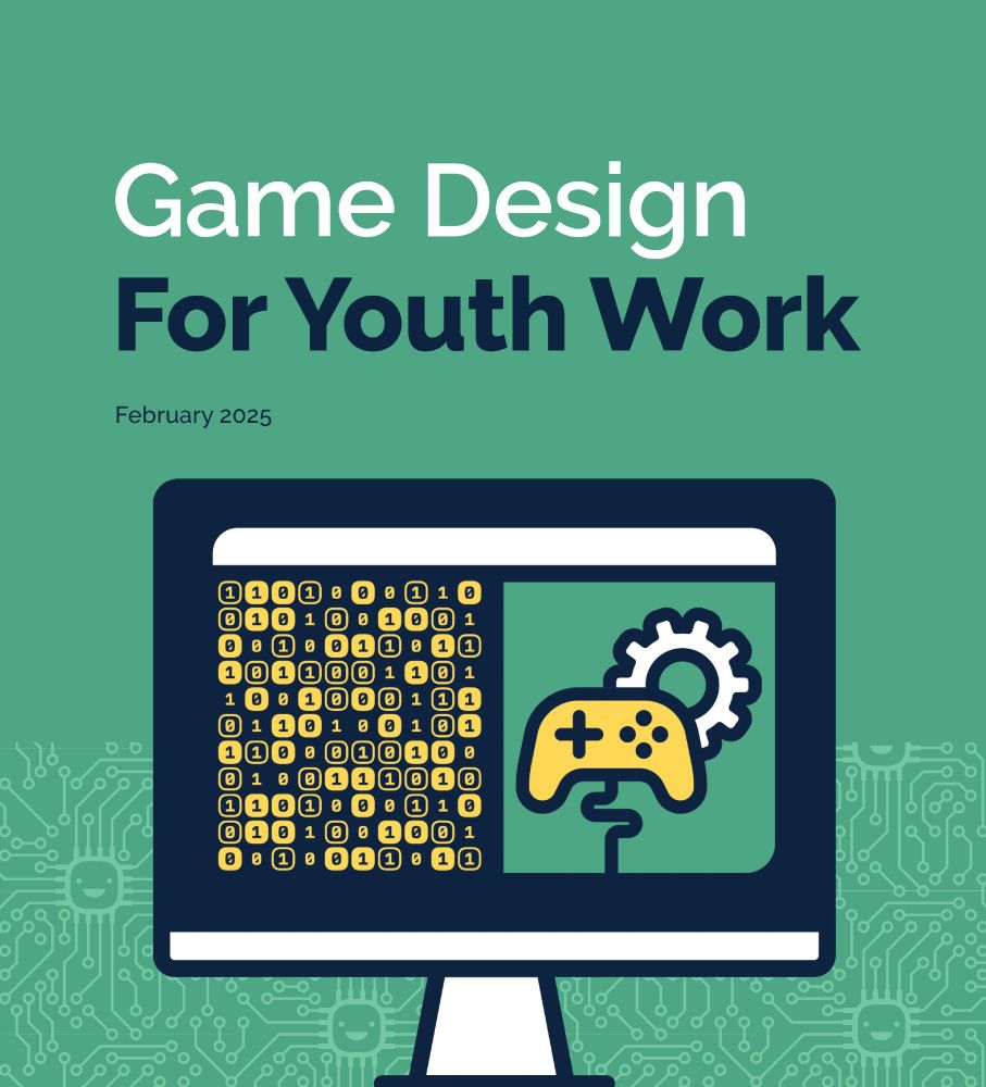 Cover image from the report 'Game Design For Youth Work', with a stylised graphic of a computer screen displaying binary code and gaming icons.