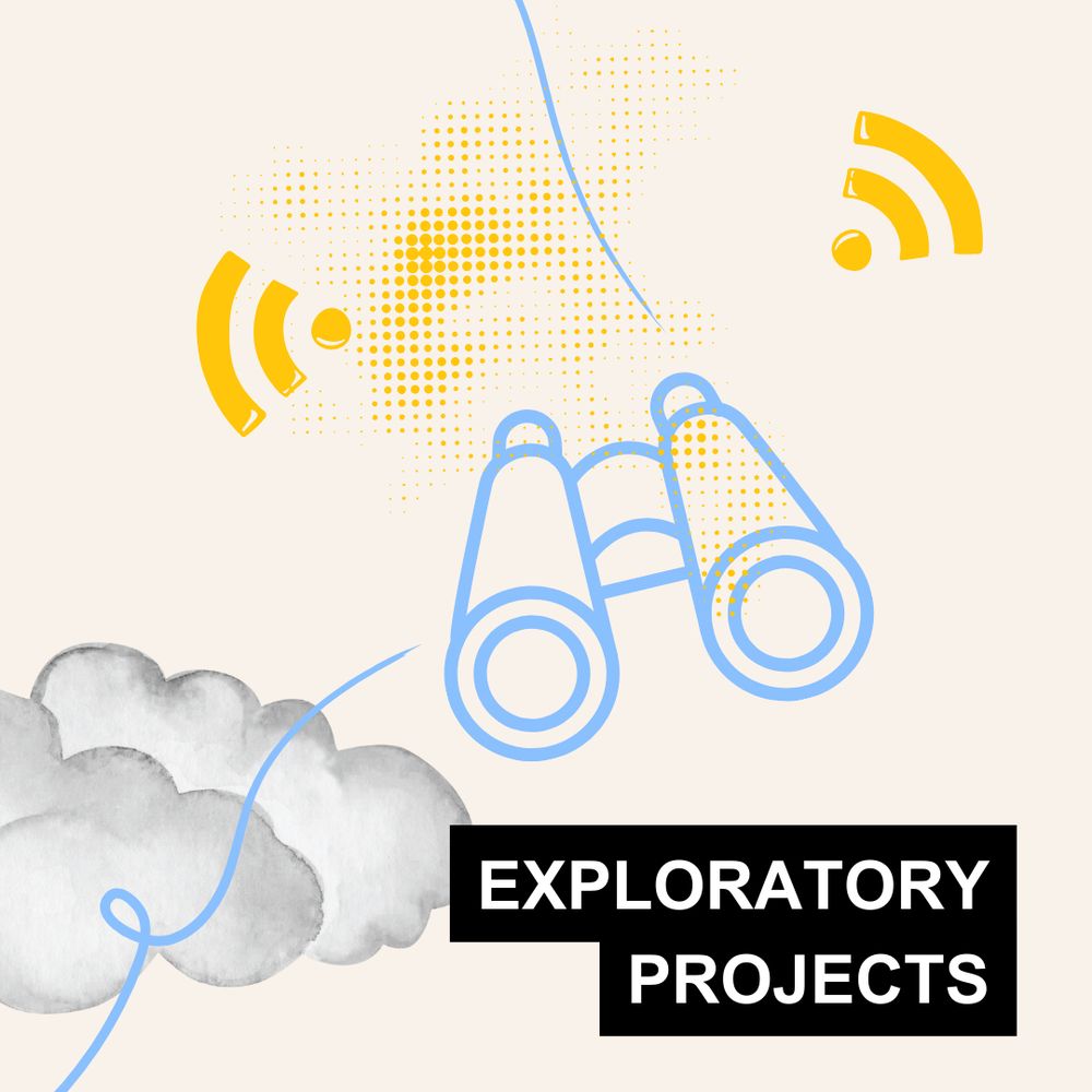 Abstract graphic with clouds, binoculars, wifi symbols and text reading 'EXPLORATORY PROJECTS'