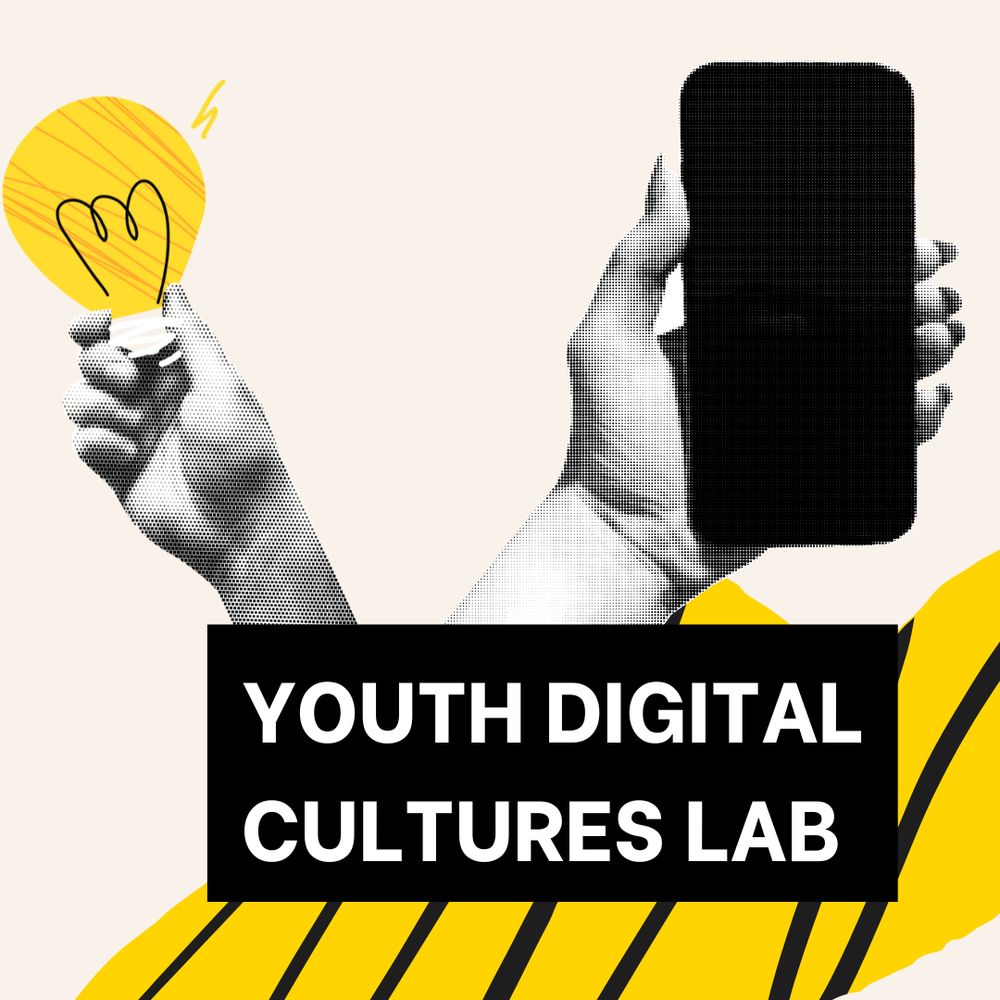 Abstract graphic with a hand holding a lightbulb and another hand holding a smartphone. Accompanying text reads 'Youth Digital Cultures Lab'.