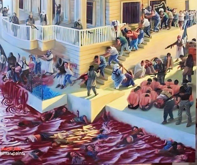 2014-06-12 ISIS vystrielal ulice+1700 kadetov Irackej armady 
- Camp Speicher massacre wall painting