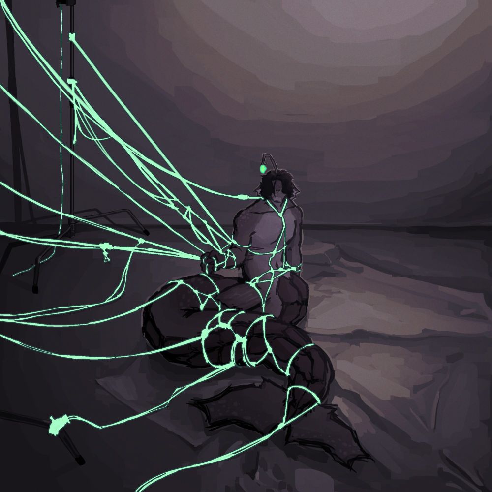sebastian solace from pressure (game) sitting(?) down in the middle of a dimly lit room surrounded by what looks like IV poles.

there are (slightly glowing) miku-colored ropes tied around his body, hanging from said IV poles.

he is looking at the viewer with his right arm slightly raised up, as if held up by the ropes.
