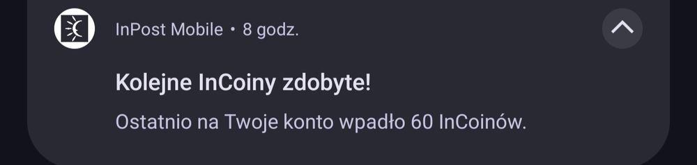 Powiadomienie z aplikacji InPost informujące, że użytkownik zdobył kolejne InCoiny, a na konto wpłynęło 60 InCoinów.