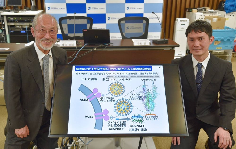 Institute of Science Tokyo Distinguished Professor Yoshinori Fujiyoshi (left) and Assistant Professor Shun Nakamura, who developed a peptide that can bind to the spike proteins of the novel coronavirus to prevent COVID-19 infections, at the Institute of Science Tokyo's Ookayama campus in Tokyo on Monday | Jiji