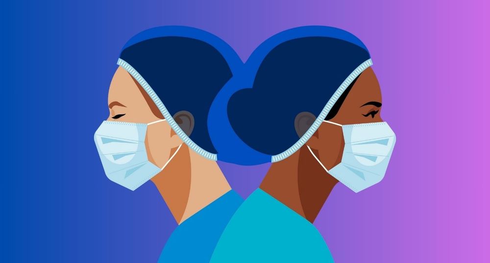 illustration of two women wearing scrubs, surgical caps and masks.