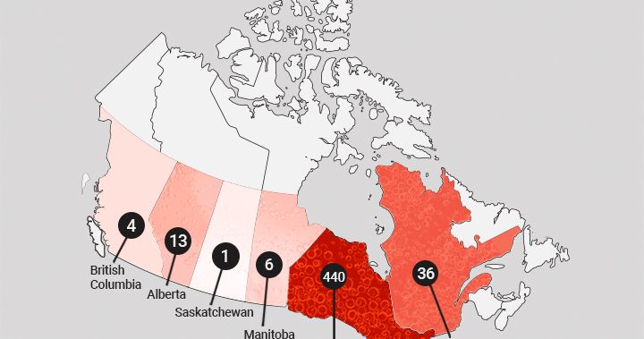 a map of Canada showing where measles is most and least active
