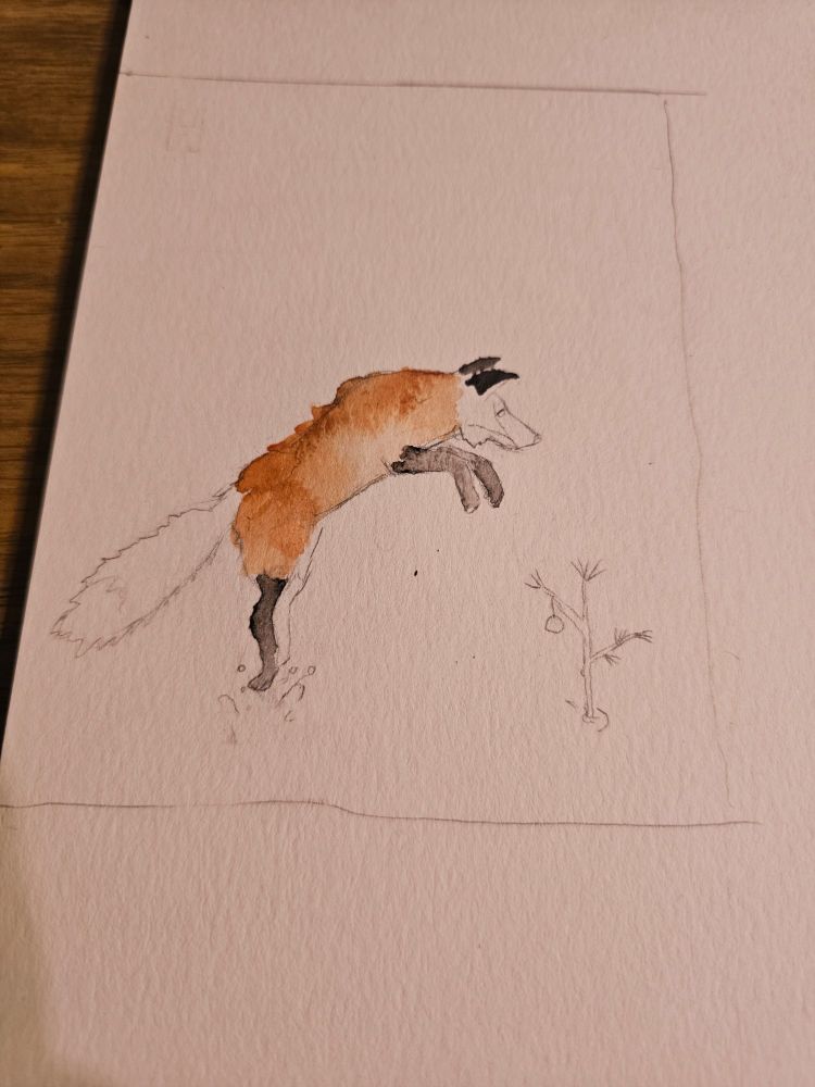 A partially finished watercolor of a red fox pouncing onto a Charlie Brown style christmas tree.