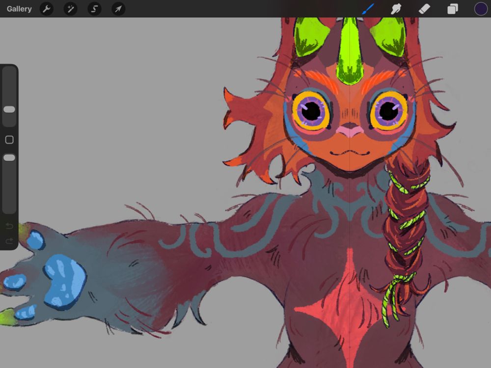 Anthro character,3 green horns,purple-mauve body colors with blue gray marking on neck shoulders and arms, orange,blue and pink face markings has bunny ears, 3 Fingers with green claws, a single braid and wild untamed hair on the other side