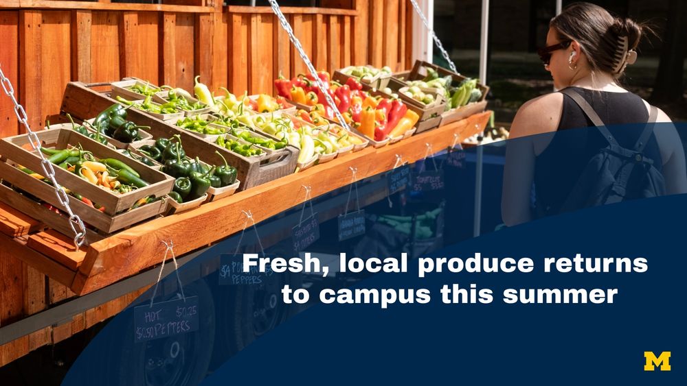 Image of a student shopping at the Campus Farm Stand looking at the fresh produce with the text “Fresh, local produce returns to campus this summer”