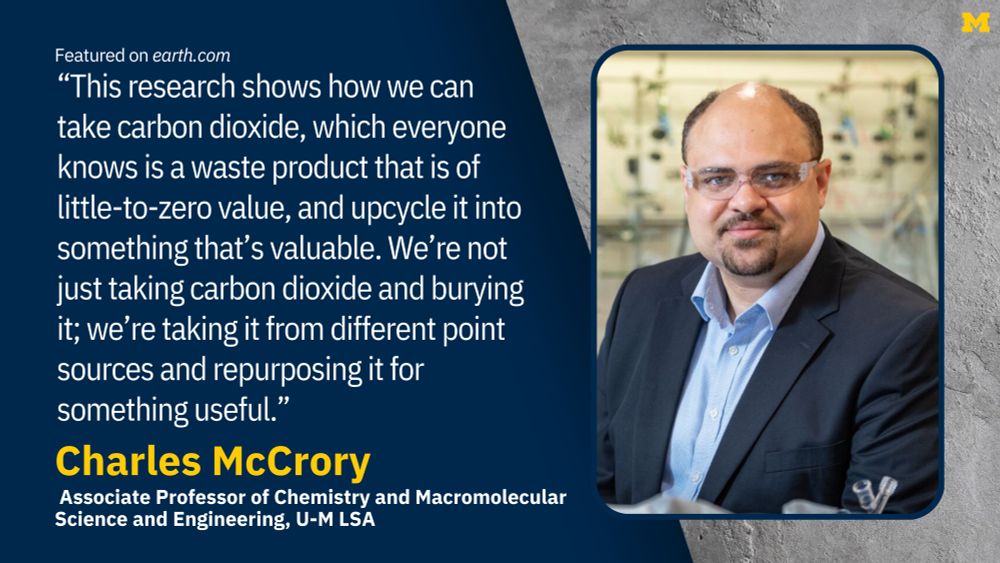 “This research shows how we can take carbon dioxide, which everyone knows is a waste product that is of little-to-zero value, and upcycle it into something that’s valuable. We’re not just taking carbon dioxide and burying it; we’re taking it from different point sources and repurposing it for something useful.” Charles McCrory, Associate Professor of Chemistry and Macromolecular Science and Engineering, U-M LSA, featured on earth.com