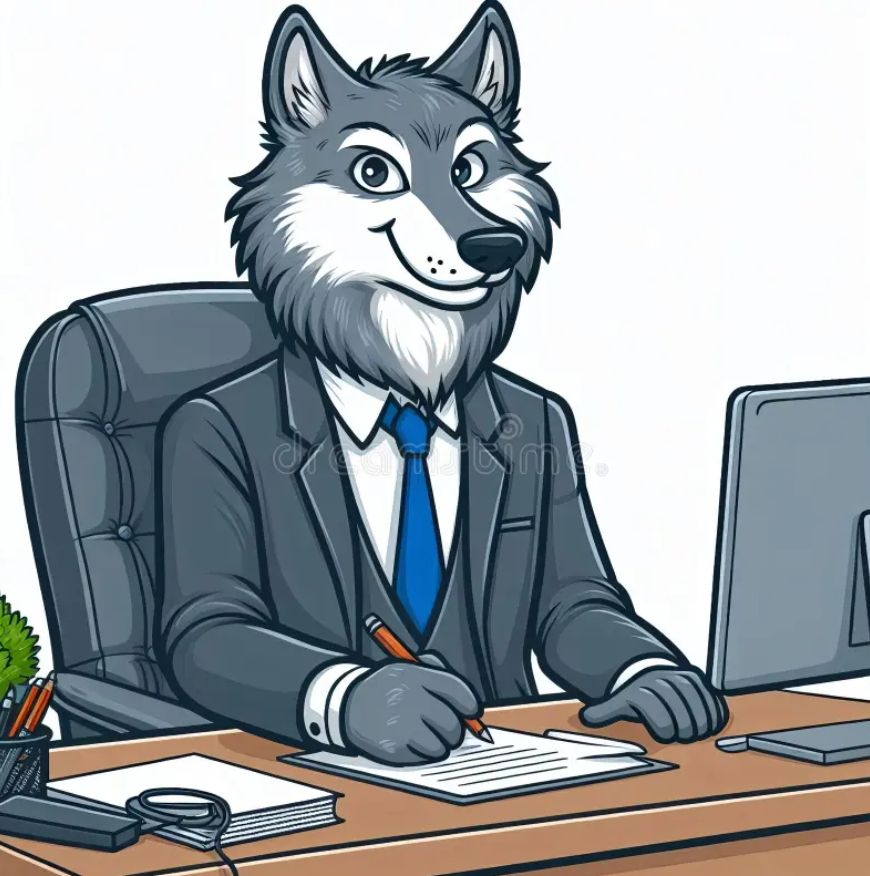 Stock Image of a sketched wolf working a desk job. 
Found on dreamstime.com