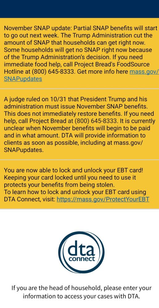 Screenshot of a page giving minimal info about SNAP benefits for November.