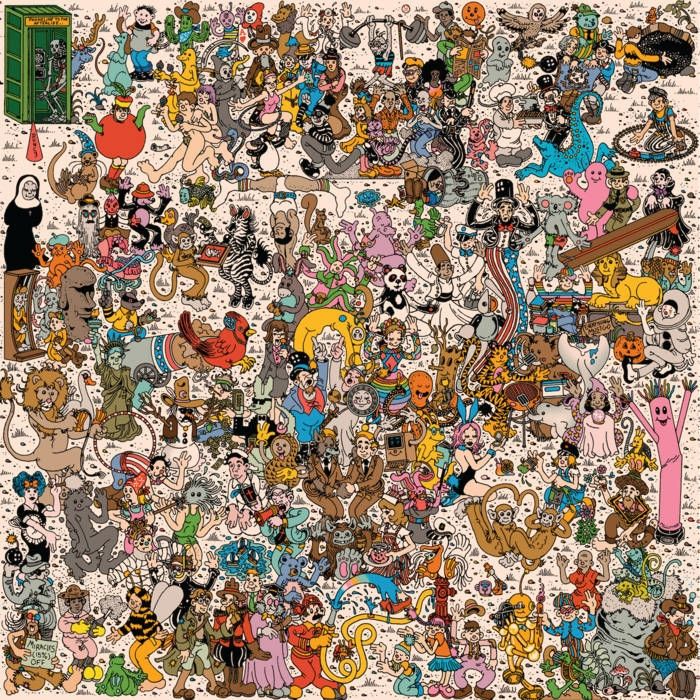 album cover for goose's 2025 album "everything must go"—a "where's waldo" by way of r. crumb drawing filled to the brim with people, animals, and fantastic creatures interacting with themselves, each other, and various objects on a sandy desert background.
