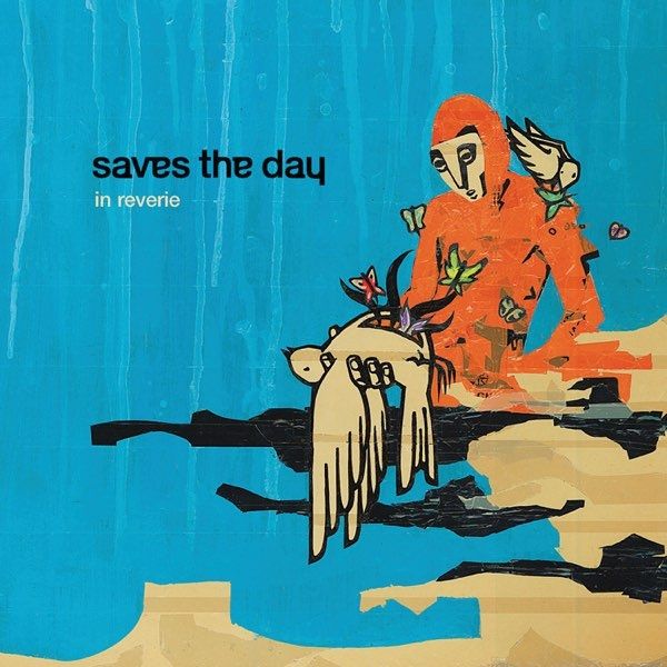album cover for save the day's 2003 album "in reverie"—depicting an orange humanoid/primate-like creature against a light blue background, with a tan face holding a dead tan bird. the bird has its stomach cut open, and black tentacle-like shapes and colorful butterflies are coming out of it. a live tan bird is perched on the orange creature's shoulder. the lower part of the orange creature is obscured by tan and black shapes in the lower right side of the cover.