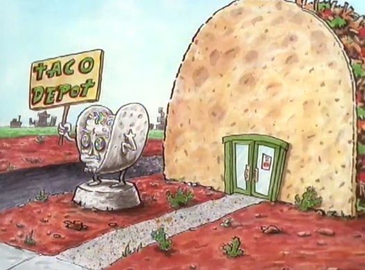 the outside of the restaurant taco depot from catdog. a large taco-shaped building with a green double door. in front is a statue of a taco-shaped man holding a sign that says taco depot.