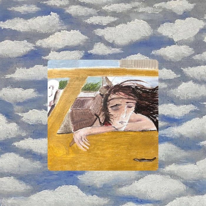 album cover for wild pink's 2024 album "dulling the horns"—a painting of a cloud-filled blue sky with a smaller square painting in the center of a woman leaning out the driver side window with her eyes closed and brown hair blowing in the wind.