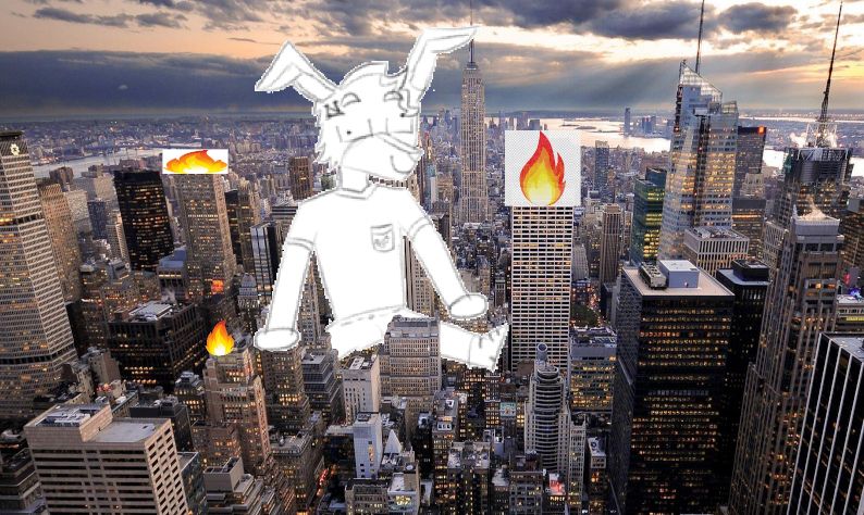 netty sitting in a city with buildings on fire