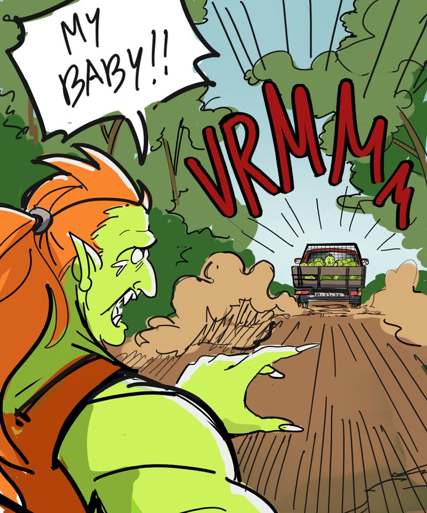 Scene depicting the tragic kidnapping of baby Blanka by poachers. 
I wasn't aware Blanka's mom was a human, so I drew her very similar to blanka. 
In this picture she's crying and reaching her hand towards the truck that's taking Blanka. She screams "MY BABY!!" as Blanka disappears in the distance, who's feasting on one of the melons on the back of truck, blissfully unaware of what's happening.